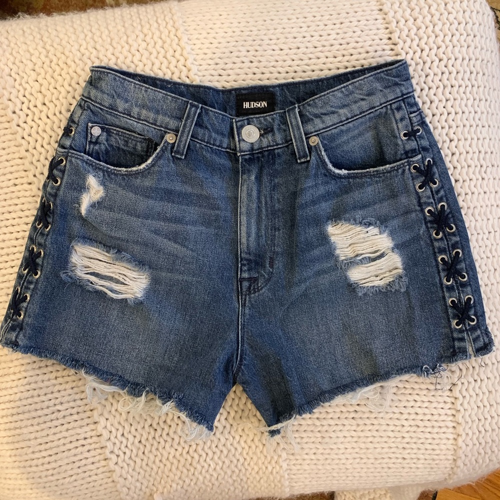 Hudson Jeans distressed denim shorts w/ side stitching detail